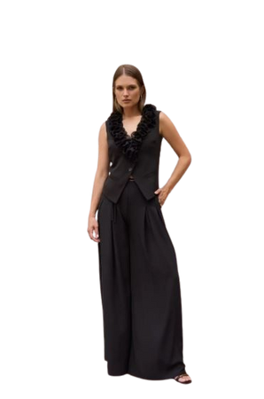 7642 Czarne eleganckie szerokie spodnie EZURI z wysokim stanem