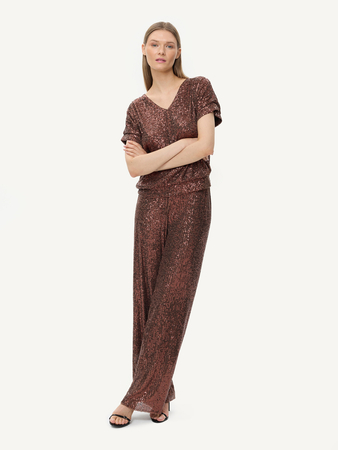 50452 KMX Bluzka cekinowa w dekolt V - czekoladowa