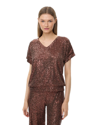 50452 KMX Bluzka cekinowa w dekolt V - czekoladowa