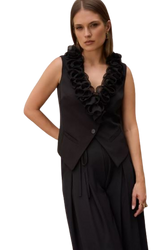 7641 Czarna elegancka kamizelka EZURI z ozdobnymi falbanami