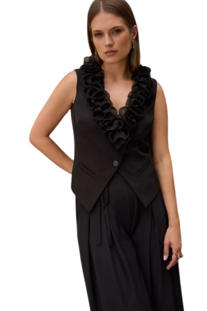 7641  Czarna elegancka kamizelka EZURI z ozdobnymi falbanami