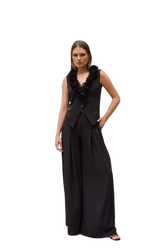 7642 Czarne eleganckie szerokie spodnie EZURI z wysokim stanem