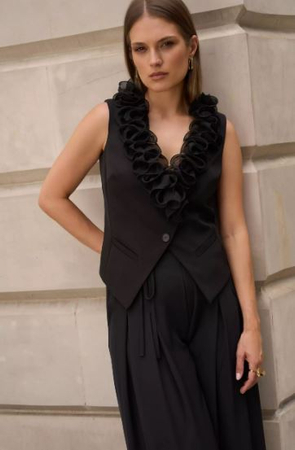 7642 Czarne eleganckie szerokie spodnie EZURI z wysokim stanem