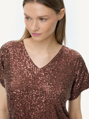 50452 KMX Bluzka cekinowa w dekolt V - czekoladowa
