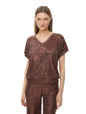 50452 KMX Bluzka cekinowa w dekolt V - czekoladowa